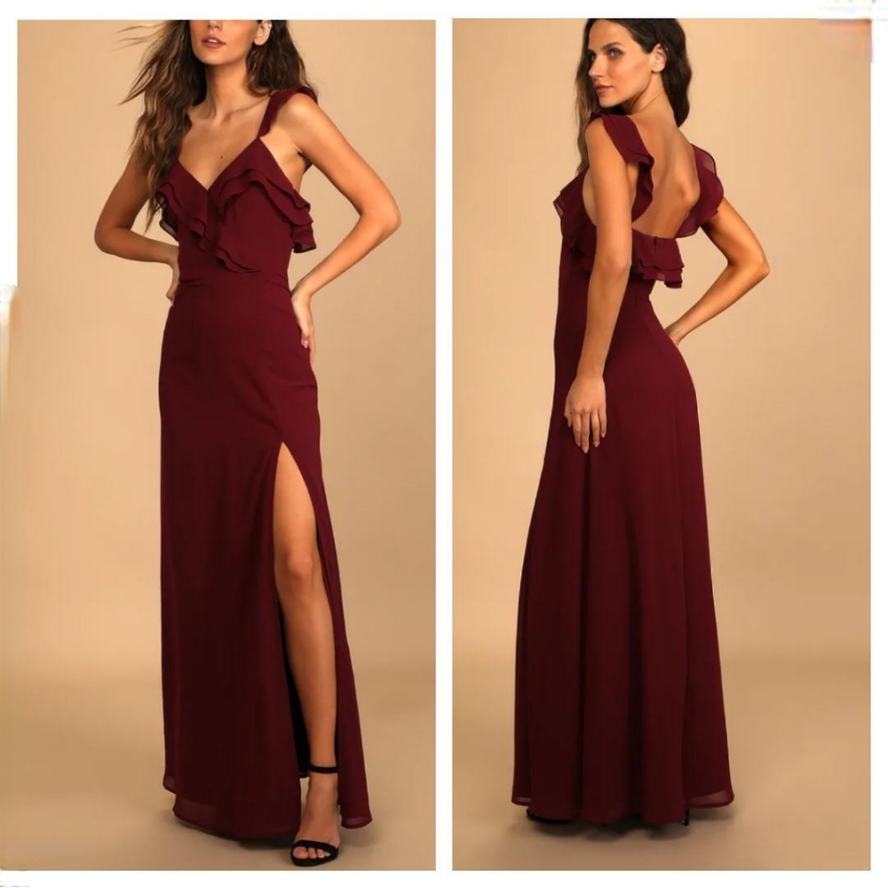 Adoring Glances Burgundy Ruffled Maxi Dress